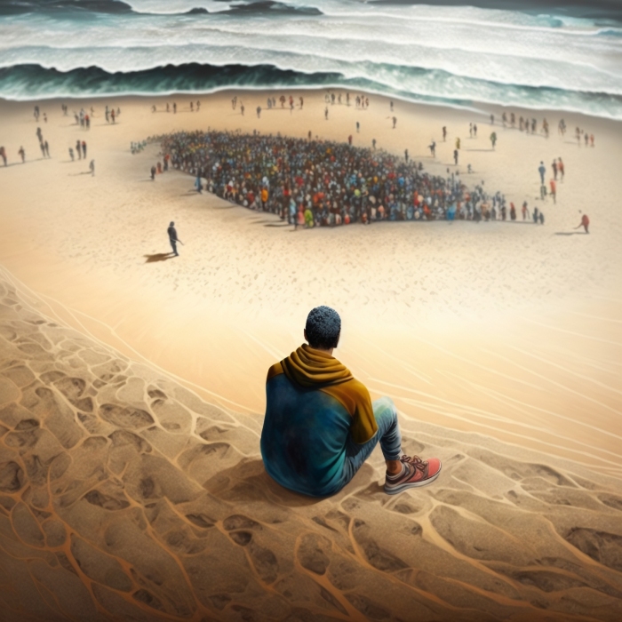 a man sitting by himself overlooking a crowd on the beach